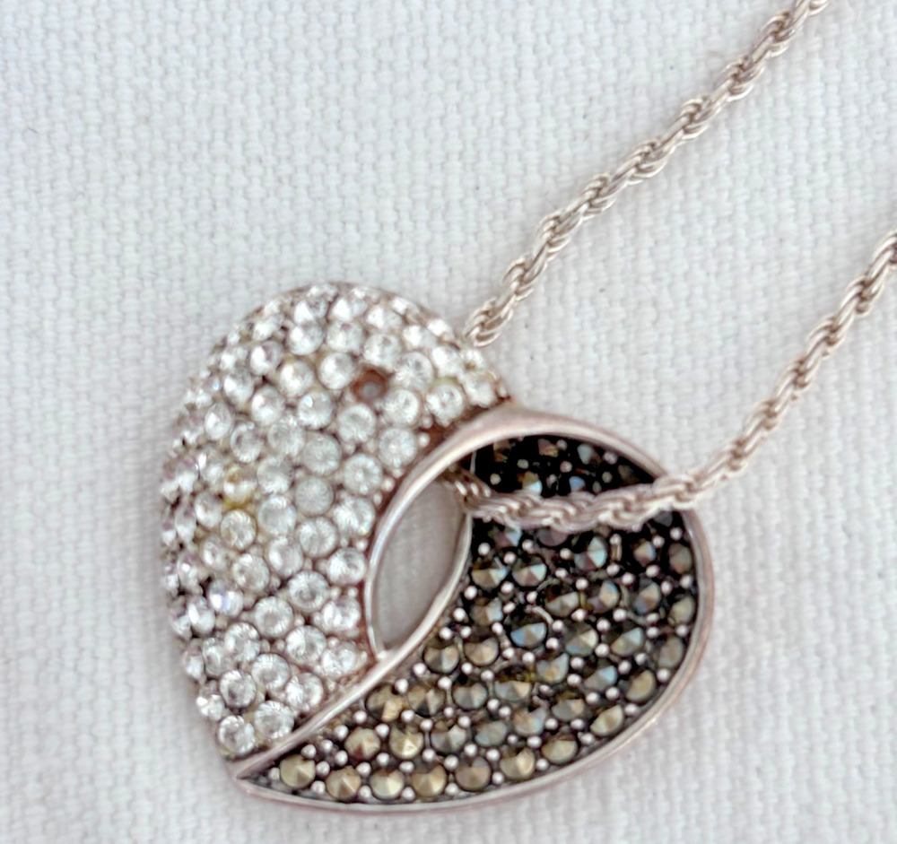 Vintage 925 Sterling Silver Heart Pendant Necklace Italy Rope Chain Marcasite KC